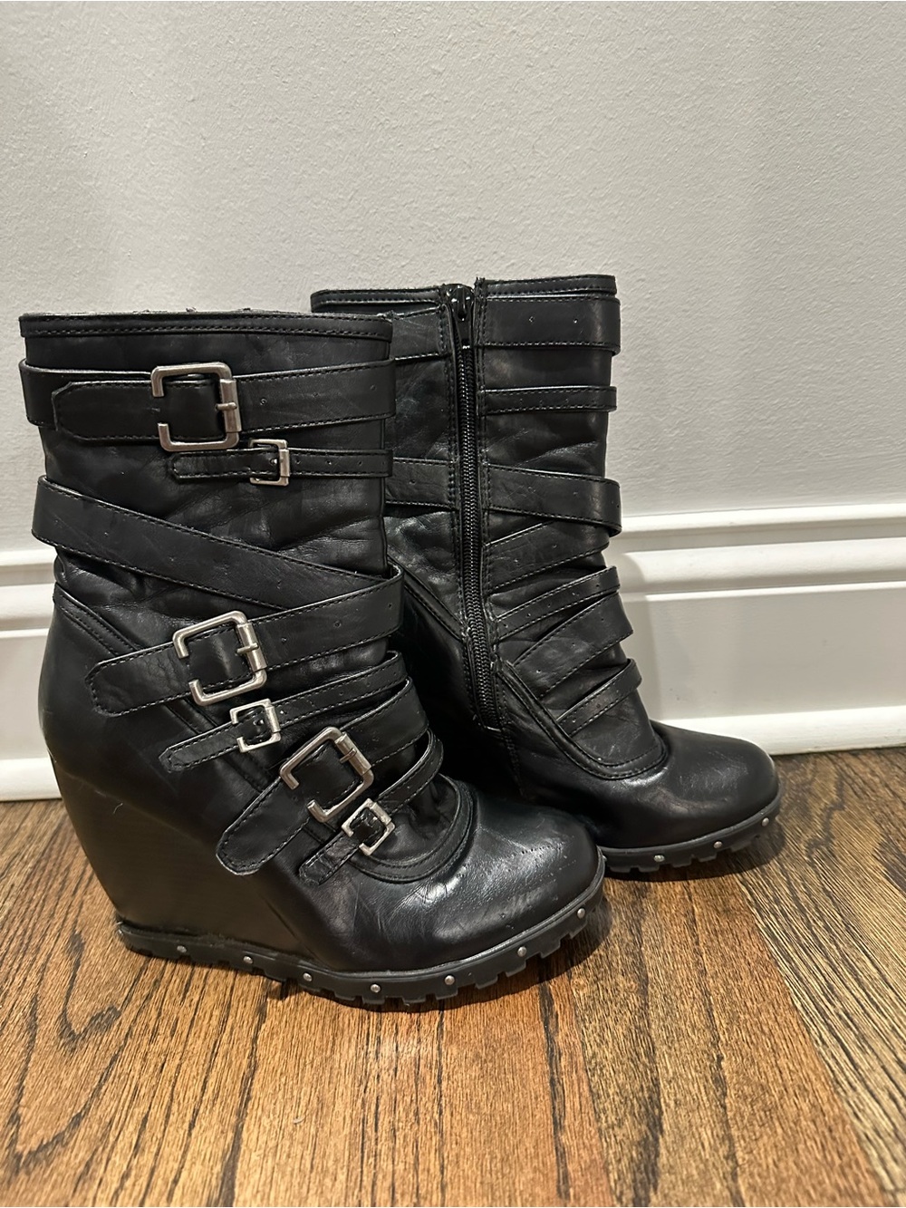 Black Strappy Wedge Ankle Boots